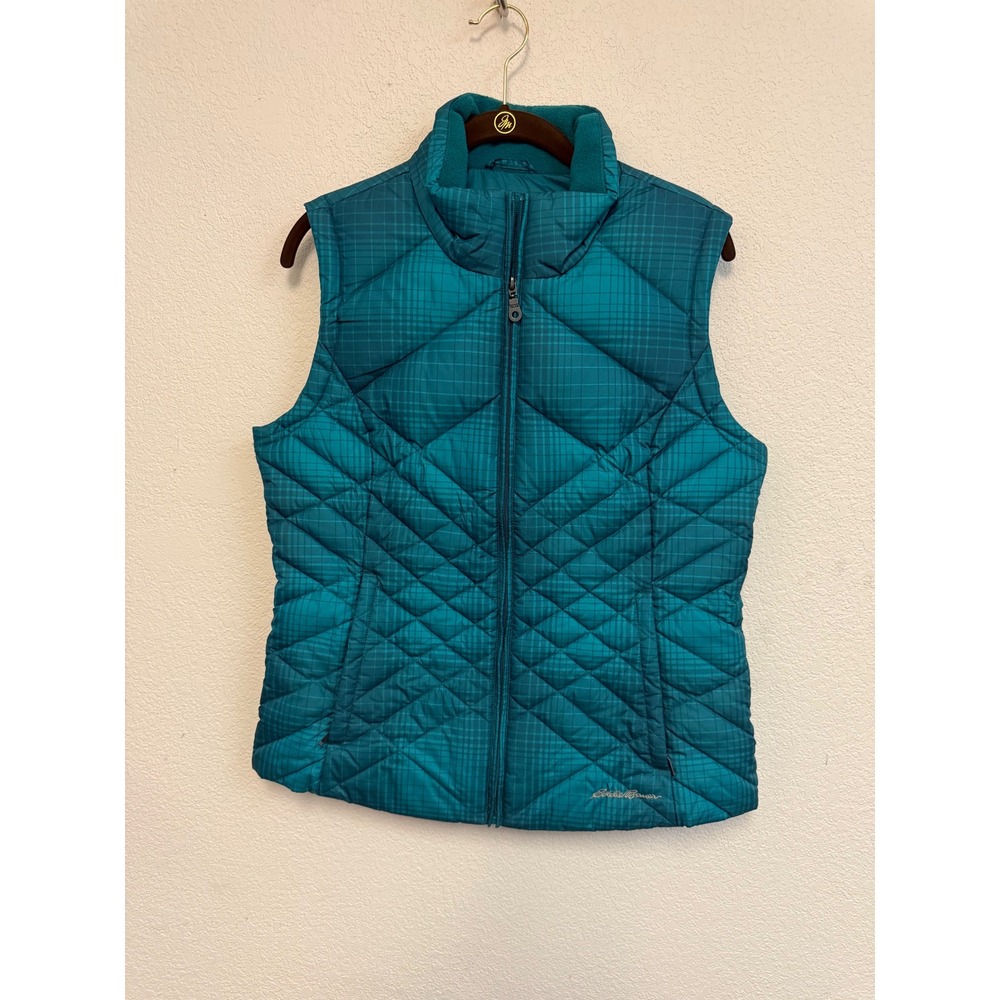 Eddie Bauer Women's Medium Teal Plaid Quilted Down Puffer Vest Full Zip
